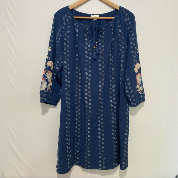 J. Jill Dresses & Skirts - J.Jill Embroidered Tunic Dress Blue Floral Peasant Tassel Tie Cottagecore M Peti